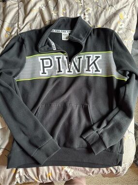 PINK Victoria's Secret Black Quarter-Zip Pullover with White and Lime Stripe